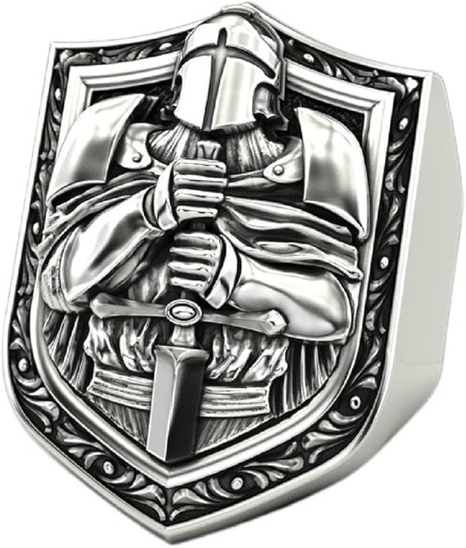 骑士圣殿戒指,男士十字军盾牌戒指,中世纪骑士剑盾戒指朋克十字架头盔